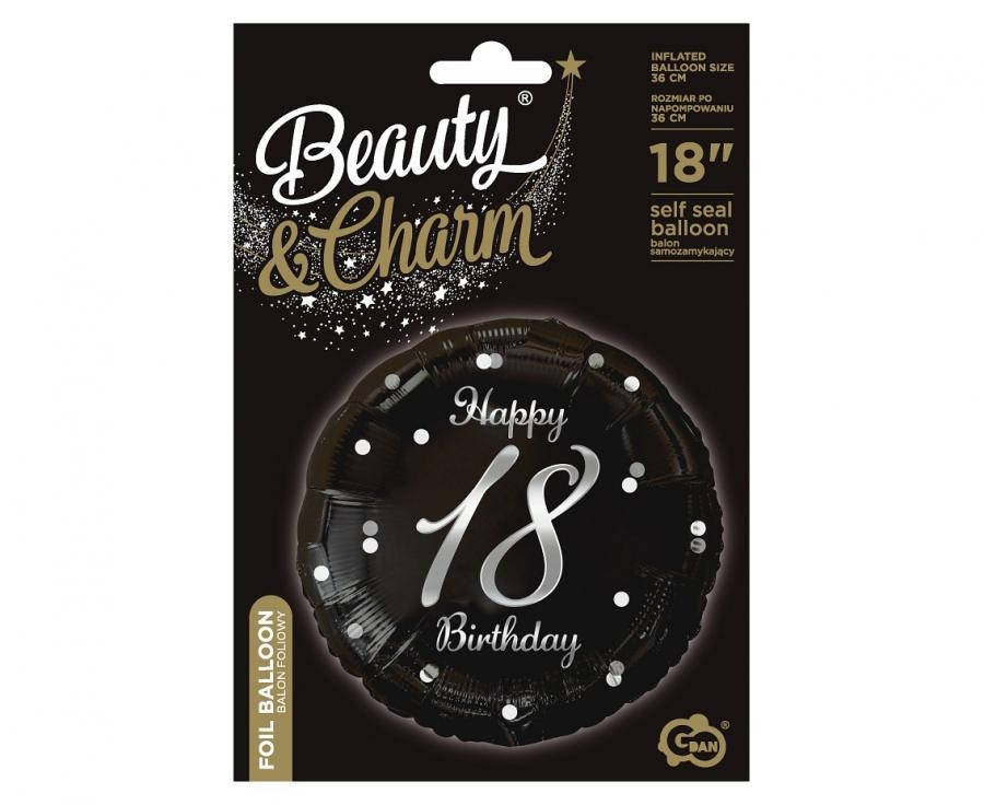 Balon foliowy Happy 18 Birthday czarny nadruk srebrny 18" GoDan